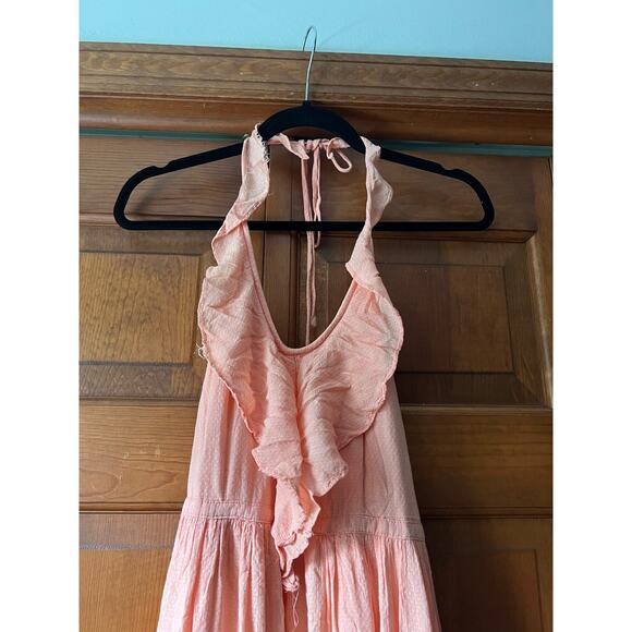 Soiéblu Women's Boho Halter Maxi Dress Peach Pink Open Back Ruffle Lace Hem SZ S - Picture 4 of 10